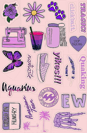 Purple Aesthetic Sticker Sheet with Flowers, Text, and Illustrations HD phone wallpaper