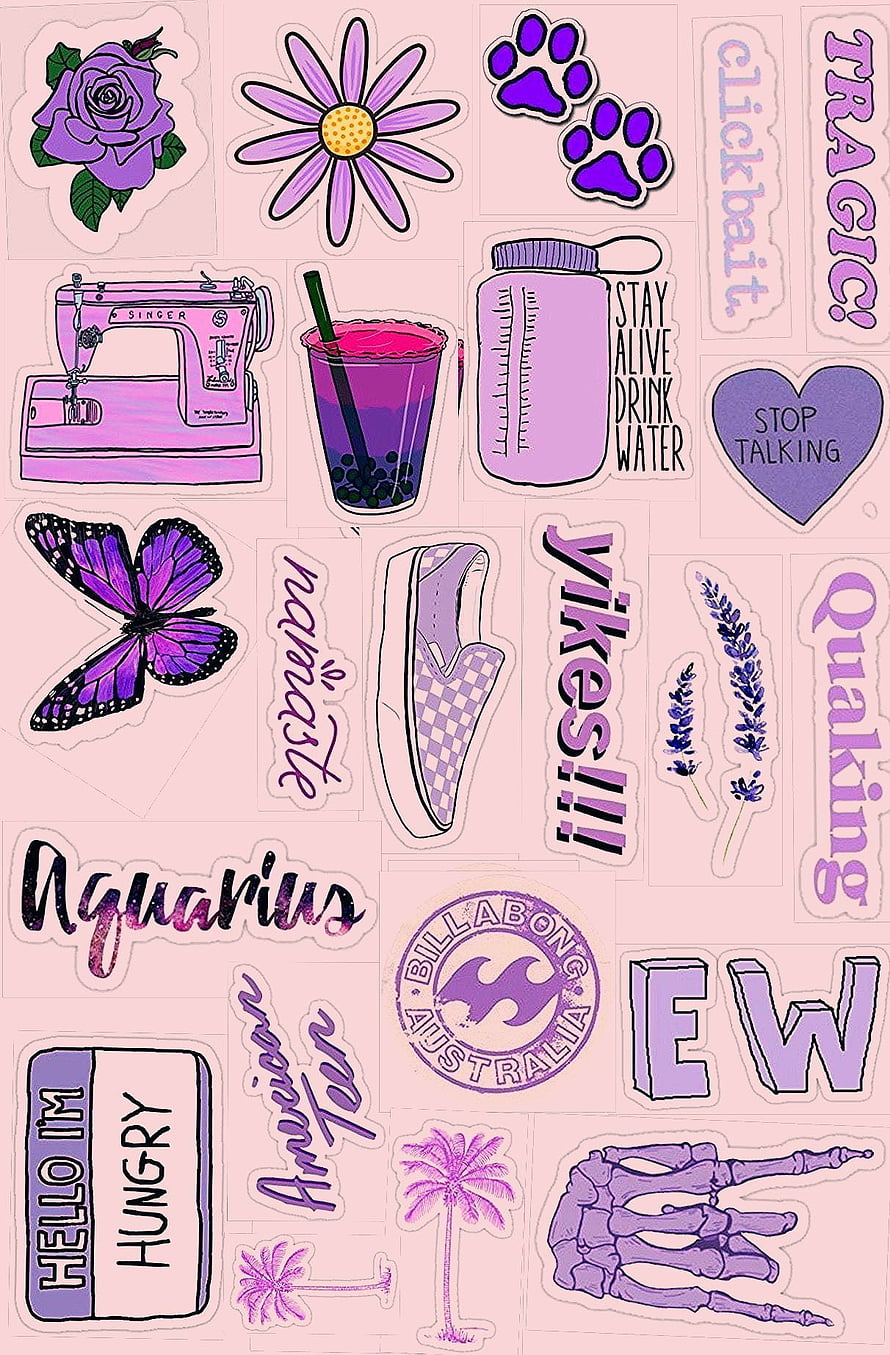 Purple Aesthetic Sticker Sheet with Flowers, Text, and Illustrations HD phone wallpaper