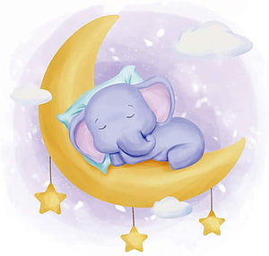 Sleeping Baby Elephant on Crescent Moon with Stars and Clouds in Soft Pastel Dream Scene HD wallpaper