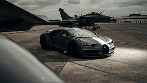 Matte Black Bugatti Chiron Super Sport Parked on Airfield Tarmac HD wallpaper