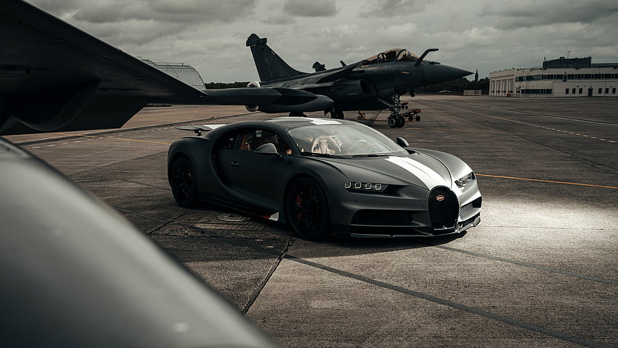 Matte Black Bugatti Chiron Super Sport Parked on Airfield Tarmac HD wallpaper