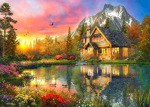 Cozy Mountain Cabin at Sunset with Vintage Truck and Lake Reflection HD wallpaper