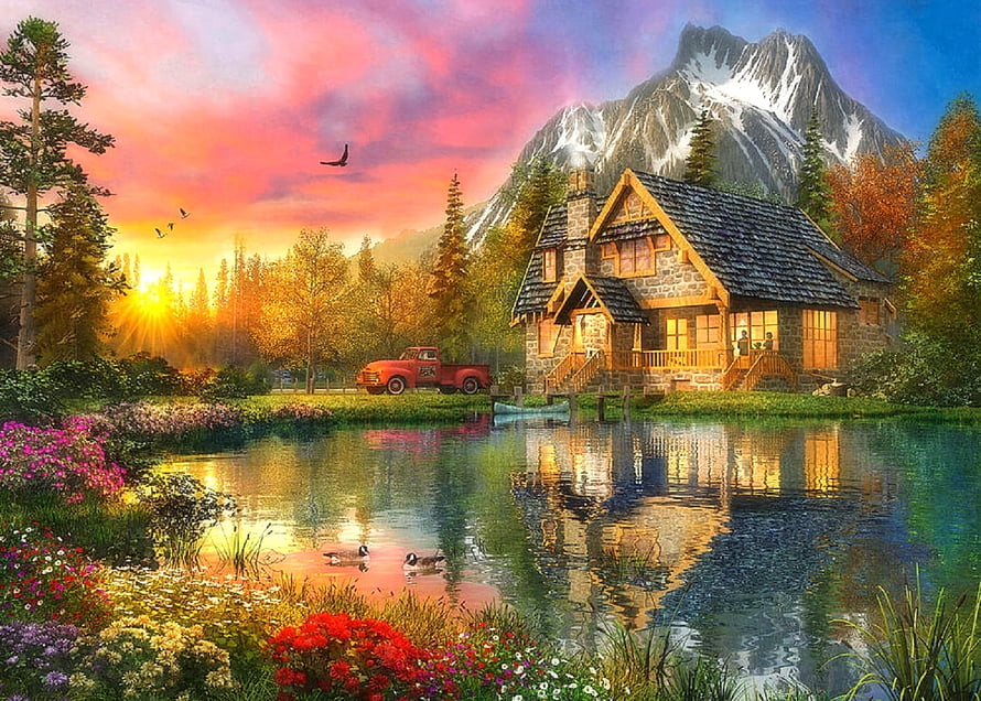 Cozy Mountain Cabin at Sunset with Vintage Truck and Lake Reflection HD wallpaper