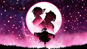 Demon Slayer Silhouettes of Kanae and Shinobu Against a Glowing Moon with Floating Pink Butterflies HD wallpaper