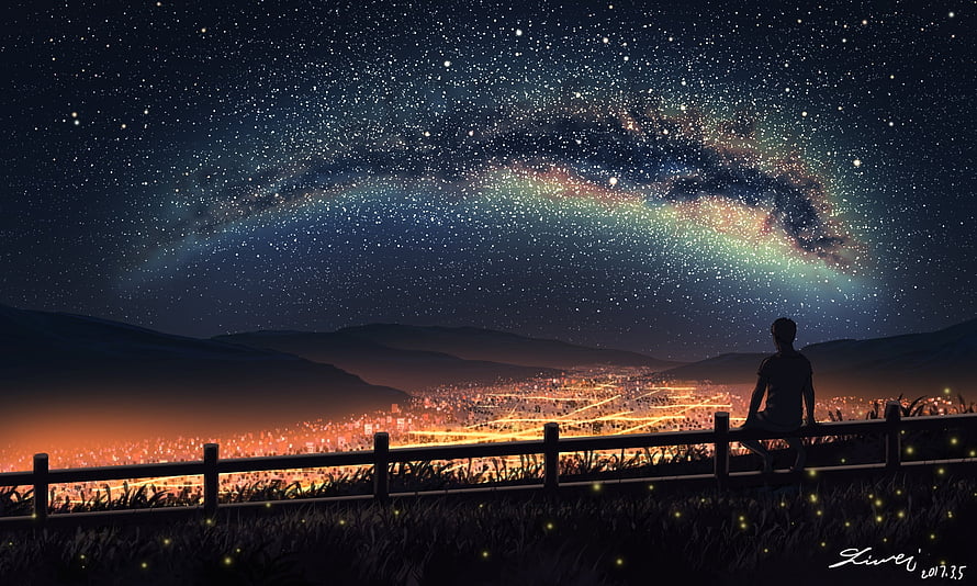 Silhouette of a person gazing at the Milky Way over a glowing city at night HD wallpaper