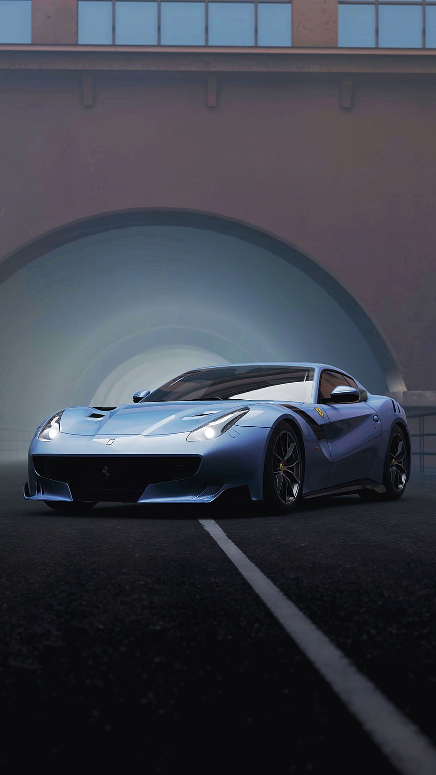 Blue Ferrari Supercar Parked in a Concrete Tunnel with Dramatic Lighting HD phone wallpaper