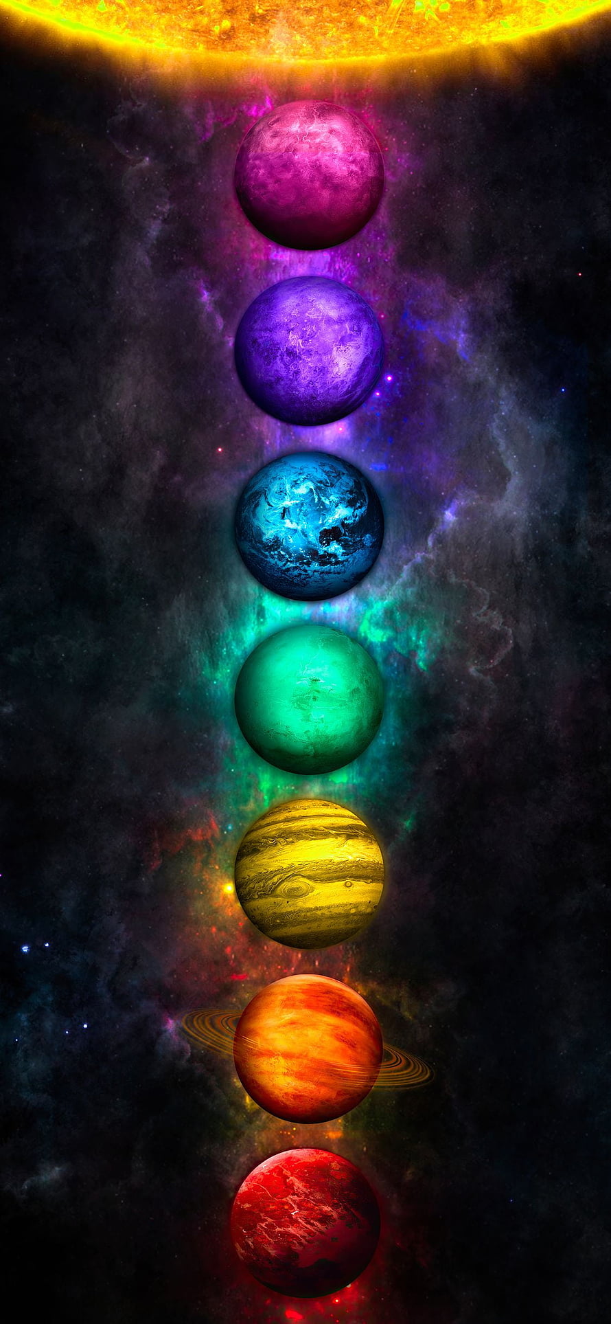 Vibrant Chakra Planets Aligned in Cosmic Nebula with Rainbow Energy Gradient HD phone wallpaper