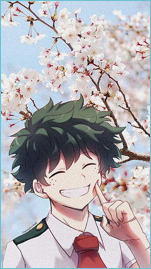Izuku Midoriya Smiling Under Cherry Blossoms in My Hero Academia HD phone wallpaper
