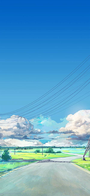 Sunny Countryside Road with Power Lines and Cumulus Clouds in Anime Style HD phone wallpaper