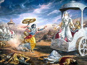 Krishna Reveals the Charioteer Form to Arjuna on the Battlefield of Kurukshetra HD wallpaper