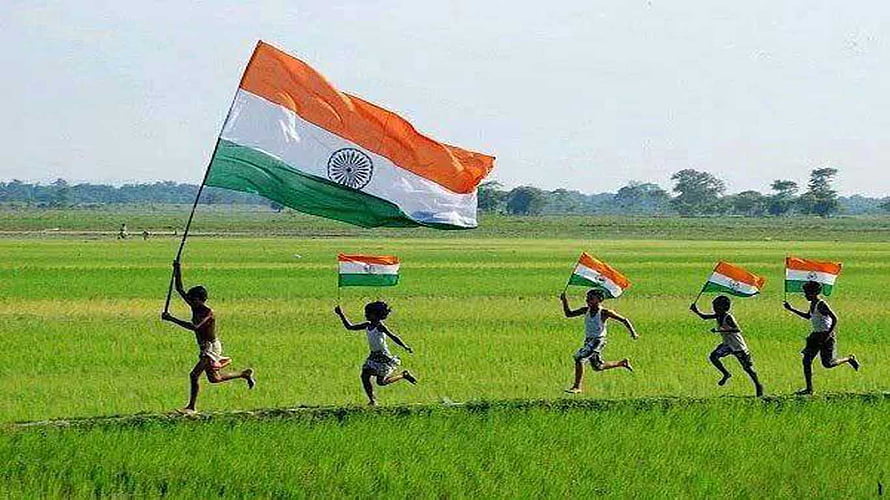 Children Running Through Green Rice Field Waving Large Indian National Flag HD wallpaper