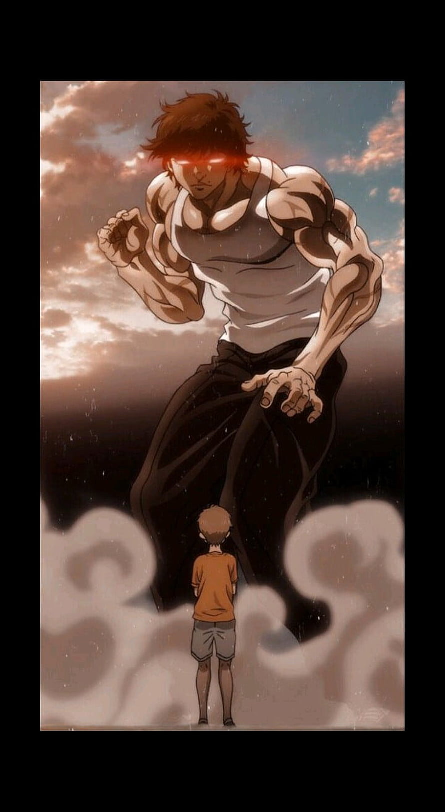 Baki Hanma Anime Character Artwork with Glowing Red Eyes and Dramatic Clouds HD phone wallpaper