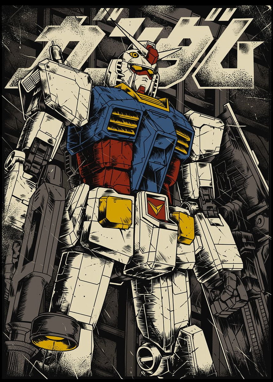 Gundam RX-78-2 Retro Manga Style Illustration with Bold Line Art and Classic Color Palette HD phone wallpaper