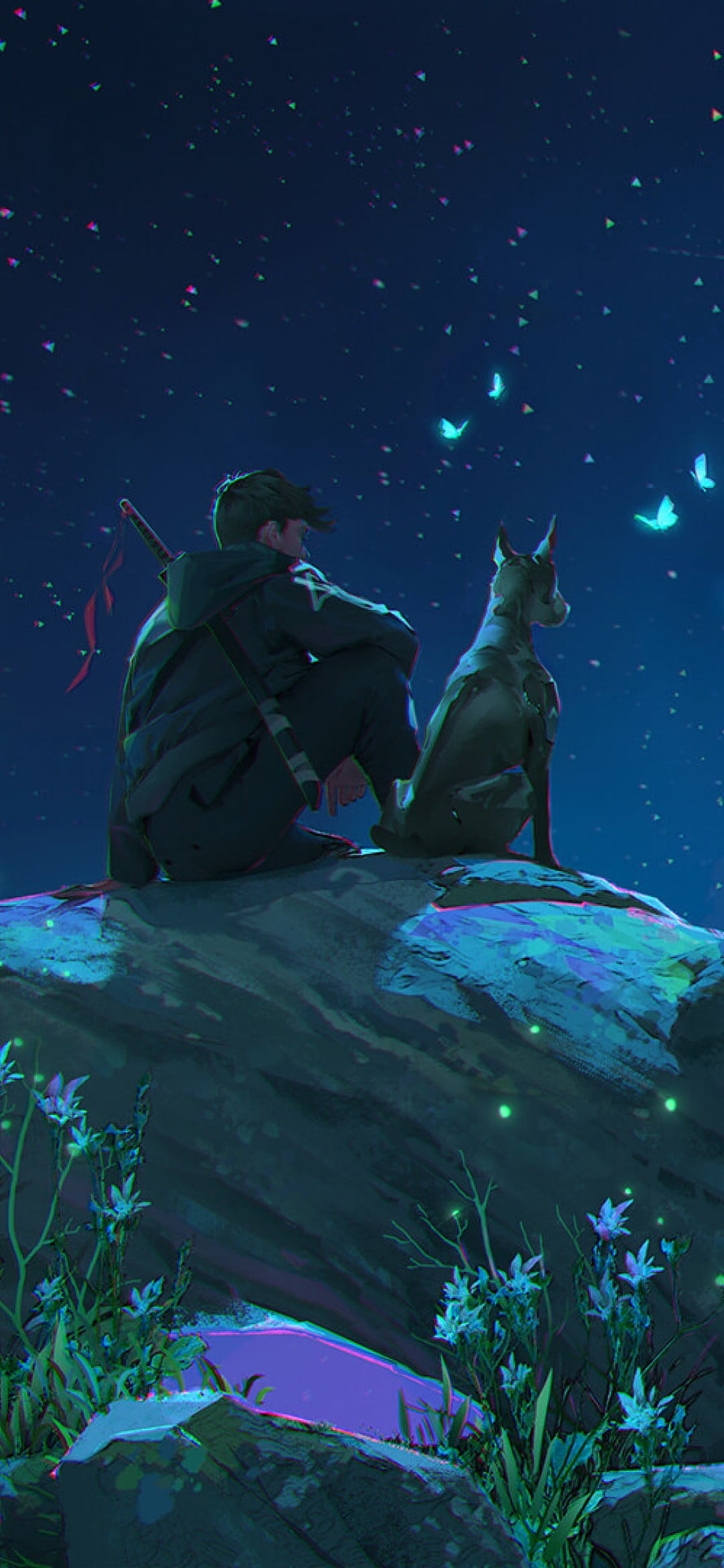 Young Warrior and Dog Sitting on a Rock Under a Starry Night Sky with Glowing Butterflies HD phone wallpaper