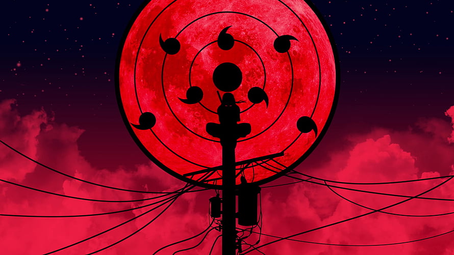 Itachi Uchiha Silhouette Against Red Moon and Power Lines HD wallpaper