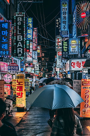 Rainy Night in Myeongdong Seoul with Neon Signs and Umbrellas HD phone wallpaper