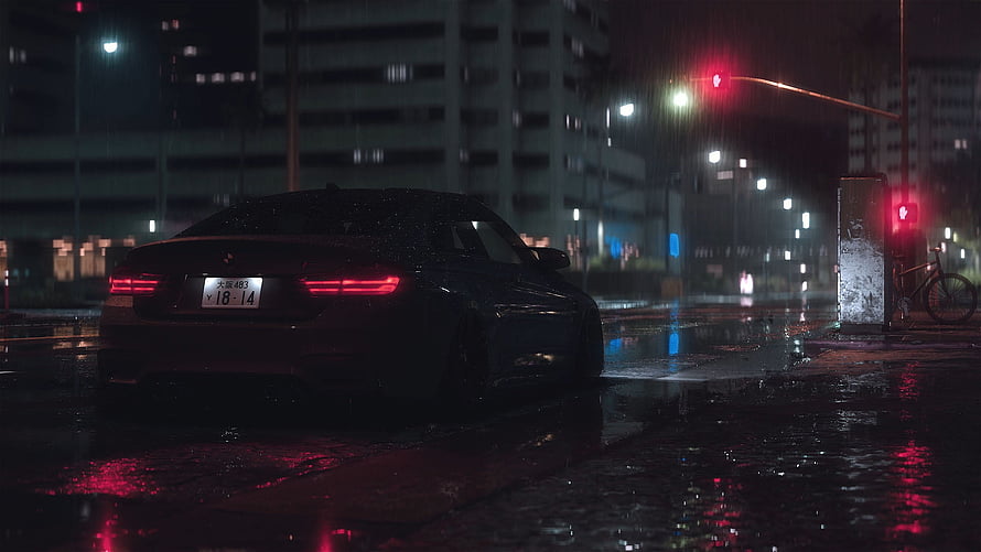 BMW M4 Coupe Stopped at Red Light on Rainy City Street at Night HD wallpaper