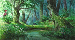 Mary and the Witch's Flower Enchanted Forest Scene with Black Cat and Stream HD wallpaper