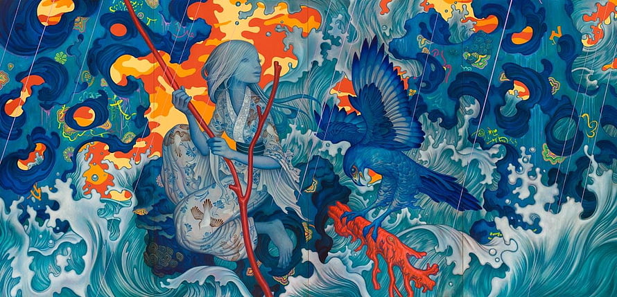 James Jean Adrift Illustration: Ethereal Woman and Blue Bird in Turbulent Ocean Waves HD wallpaper