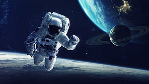 Astronaut Floating in Deep Space with Earth and Ringed Planet in Background HD wallpaper