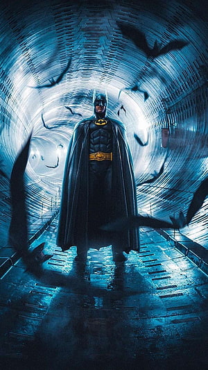 Batman standing in a dark tunnel with bats flying around him in a cinematic blue-toned comic illustration HD phone wallpaper