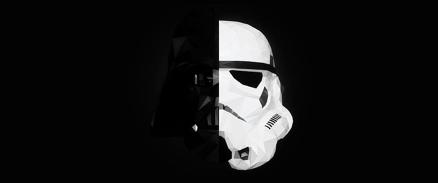 Star Wars Low Poly Split Helmet Design Featuring Darth Vader and Stormtrooper on Black Background HD wallpaper