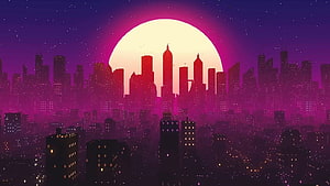Retro Synthwave Cityscape with Giant Sunset Moon and Neon Purple Skyline HD wallpaper