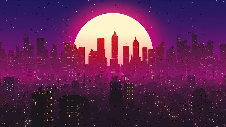 Retro Synthwave Cityscape with Giant Sunset Moon and Neon Purple Skyline HD wallpaper