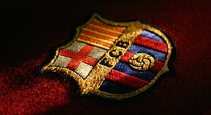 FC Barcelona Embroidered Crest on Dark Red Fabric HD wallpaper