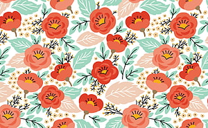Coral and Mint Floral Pattern with Stylized Blooms and Leaves HD wallpaper