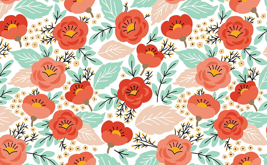 Coral and Mint Floral Pattern with Stylized Blooms and Leaves HD wallpaper