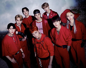 Stray Kids NOEASY Thunderous Concept Group Photo in Red Streetwear HD wallpaper