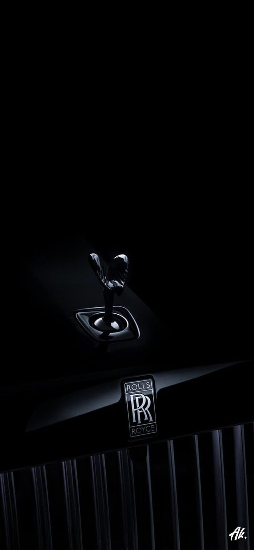 Rolls Royce Spirit of Ecstasy Hood Ornament and Grille in Dramatic Black Lighting HD phone wallpaper