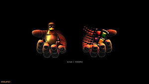 Wireframe Hands Holding Linux Tux and Windows Logos on Black Background HD wallpaper