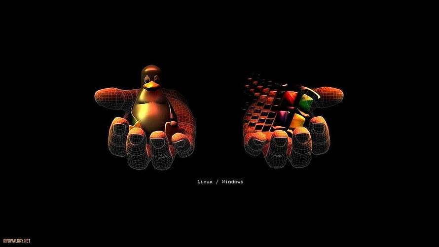 Wireframe Hands Holding Linux Tux and Windows Logos on Black Background HD wallpaper