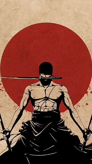 Roronoa Zoro Samurai Warrior Illustration with Katana and Red Sun HD phone wallpaper