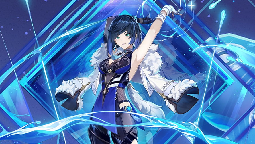Yelan from Genshin Impact in a dynamic pose surrounded by swirling blue hydro energy and ice crystals HD wallpaper