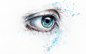 Watercolor Blue Eye Portrait with Splatter Accents on White Background HD wallpaper