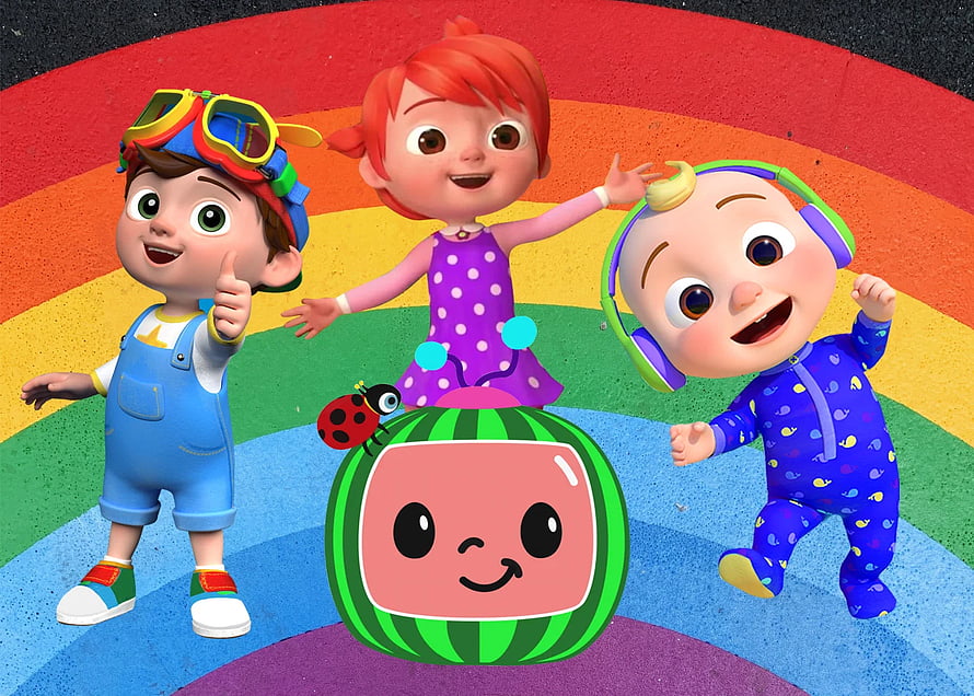 Cocomelon 3D Animated Characters Dancing on a Colorful Rainbow Background HD wallpaper