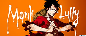 Monkey D. Luffy Anime Character Artwork with Dripping Text on Orange Background HD wallpaper