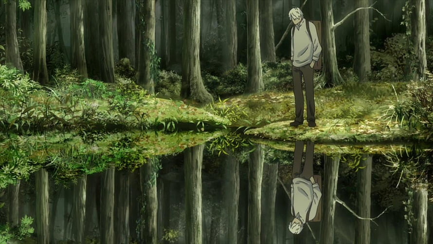 Mushishi Ginko Standing in Misty Forest with Water Reflection HD wallpaper