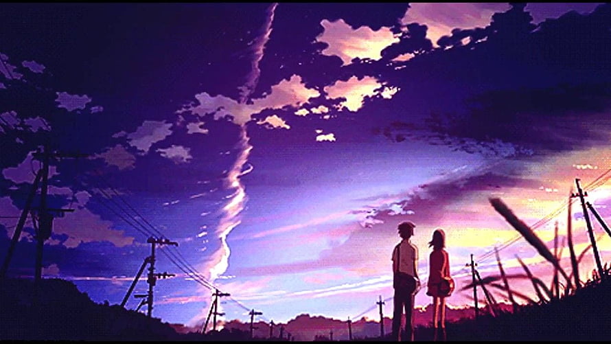 Anime Couple Silhouette Watching Purple Sunset Sky With Power Lines HD wallpaper