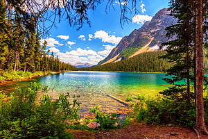 Boom Lake in Banff National Park with turquoise water and towering mountain peaks HD wallpaper