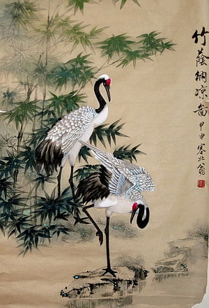 Traditional East Asian ink painting of two red-crowned cranes among bamboo HD phone wallpaper