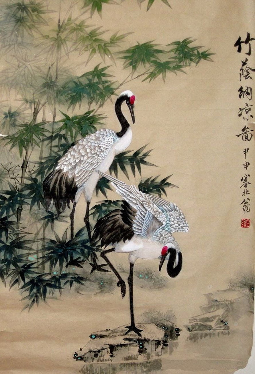 Traditional East Asian ink painting of two red-crowned cranes among bamboo HD phone wallpaper