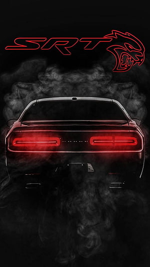 Dodge Challenger SRT Rear View with Glowing Red Taillights and Smoke HD phone wallpaper