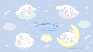 Cinnamoroll Sanrio Character Sleeping on Clouds and Moon in Pastel Night Sky HD wallpaper