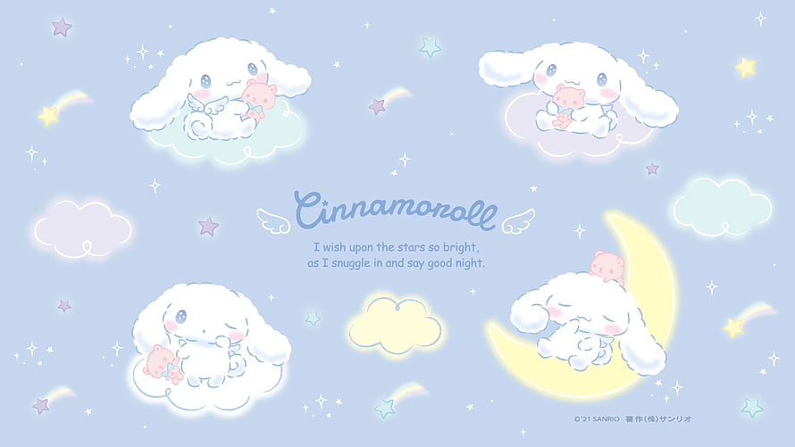 Cinnamoroll Sanrio Character Sleeping on Clouds and Moon in Pastel Night Sky HD wallpaper