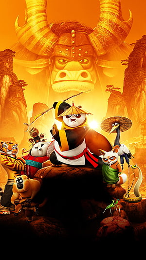 Kung Fu Panda 3 Movie Poster Featuring Po and the Furious Five in a Golden Landscape HD phone wallpaper