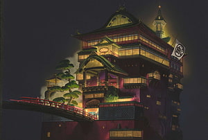 Spirited Away Bathhouse at Night with Red Bridge and Glowing Windows HD wallpaper